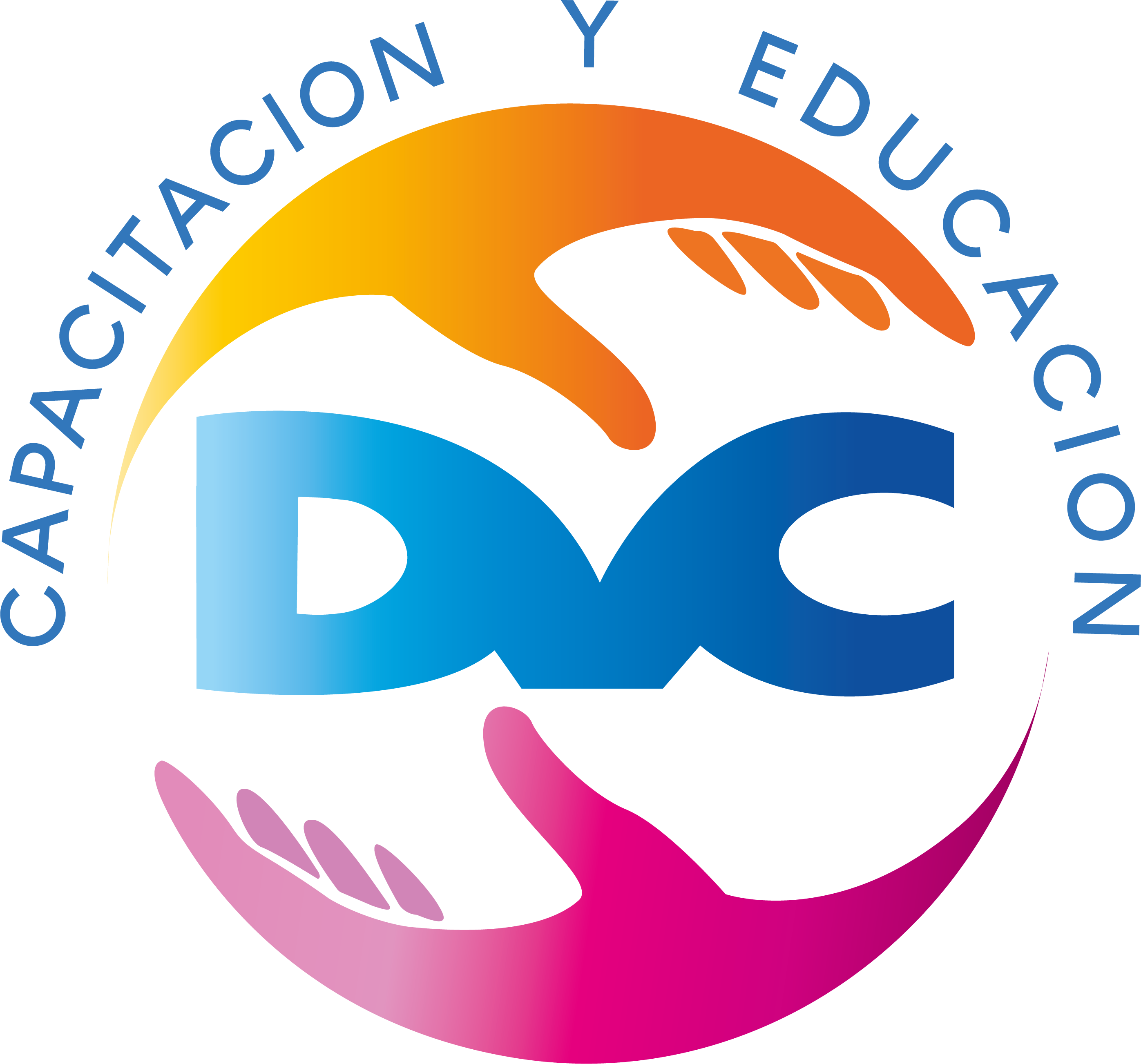 Logotipo de dvc, dos manos en posición circular y en el centro las siglas DVC